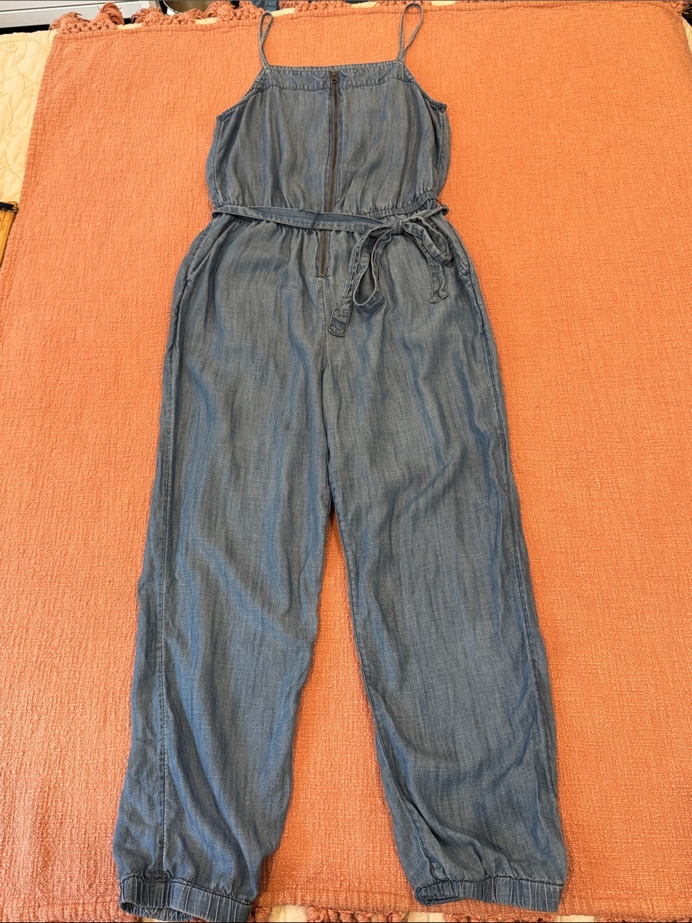 GAP wm’s small lightweight lyocell Denim Blue Spaghetti-Strap Jumpsuit